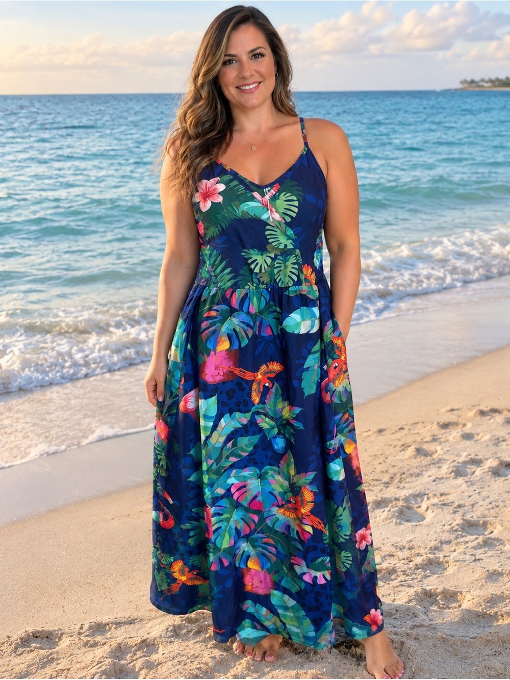 BloomChic Navy Tropical Floral Maxi Dress Flamingo